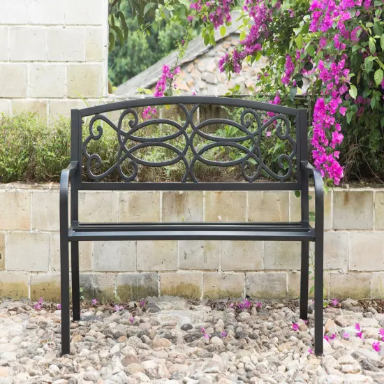Steel Outdoor Patio Garden Park Seating Bench with Cast Iron Scrollwork Backrest, Front Porch Yard Bench Lawn Decor {2}