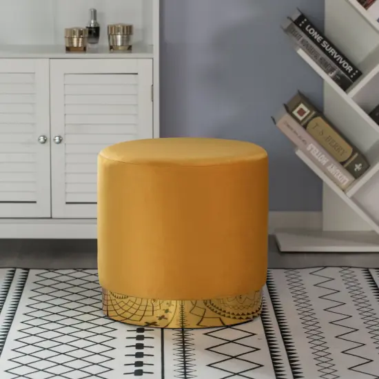 Modern Round Velvet Fabric Standard Ottoman Stool with Gold Base Mustard {2}