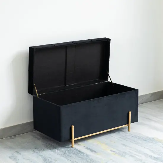Large Rectangle Velvet Storage Ottoman Stool Box with Golden Legs | Decorative Sitting Bench for Living Room Home Decor with Cylindrical Golden Support Black {3}
