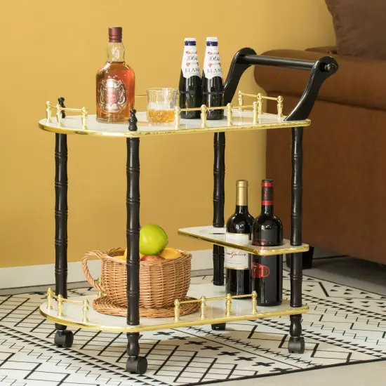Serving Bar Cart Tea Trolley, 2 Tier Shelves on Rolling Wheels, Mobile Liquor Bar for Wine Beverage Drink Dinner Party, Utility Kitchen Storage Island Coffee Cabinet for Dining Living Room, Wood White {11}