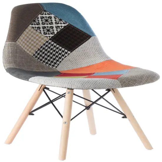 Mid-Century Modern Upholstered Plastic Multicolor Fabric Patchwork DSW Shell Dining Chair with Wooden Dowel Eiffel Legs {1}