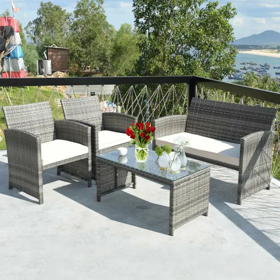 Costway 4PCS Rattan Patio Furniture Set Garden Lawn Sofa Cushioned Seat Mix Gray Wicker {1}