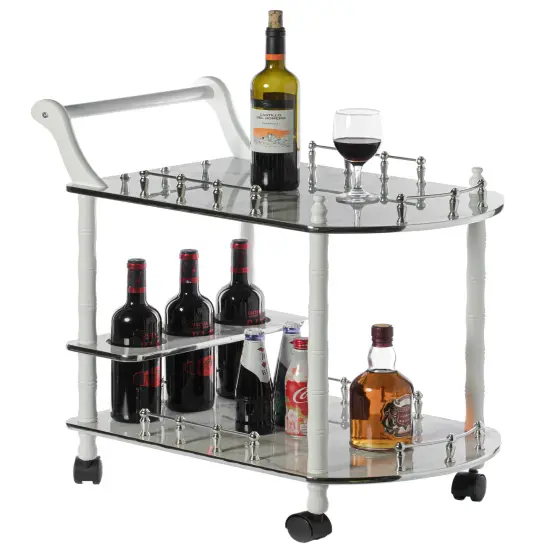 Serving Bar Cart Tea Trolley, 2 Tier Shelves on Rolling Wheels, Mobile Liquor Bar for Wine Beverage Drink Dinner Party, Utility Kitchen Storage Island Coffee Cabinet for Dining Living Room, Wood White {7}