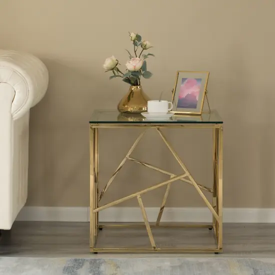 Modern Square End Side Table, Tempered Glass Top Metal Coffee Table Gold {4}