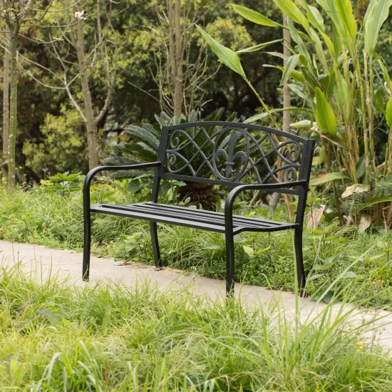 Outdoor Garden Patio Steel Park Bench Lawn Decor with Cast Iron Unique Design Back, Black Seating Bench for Yard, Patio, Garden, Balcony, and Deck {3}