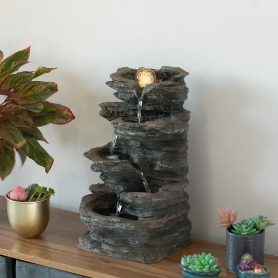 Decorative 4 Tier Rock Look Water Fountain with LED Rolling Glow Ball for Home and Garden {4}