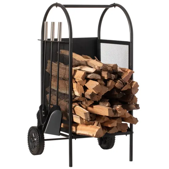 Indoor and Outdoor Patio Iron Firewood Log Cart with Wheels and Fireplace Tool Set, Black {1}