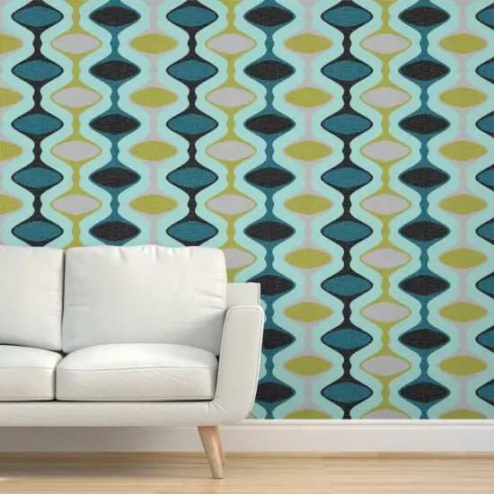 Pre-Pasted Wallpaper 2FT Wide Mid Century Ogee Modern Teal Blue Lime Gray Grey Black Olive Geometric Custom Pre-pasted Wallpaper by Spoonflower {5}