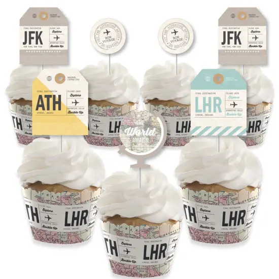 Big Dot of Happiness World Awaits - Cupcake Decoration - Travel Themed Party Cupcake Wrappers and Treat Picks Kit - Set of 24 {1}