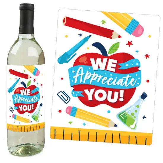Big Dot of Happiness Thank You Teachers - Teacher Appreciation Christmas Gifts Decorations for Women and Men - Wine Bottle Label Stickers - Set of 4 {6}