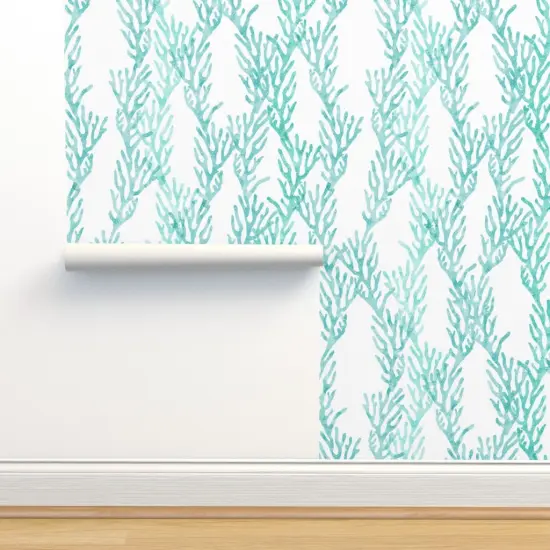 Peel & Stick Wallpaper 2FT Wide Coral Ocean Teal Aqua Trendy Mermaid Nursery Little Arrow Custom Removable Wallpaper by Spoonflower {2}