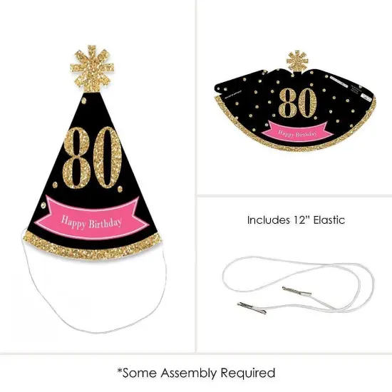 Big Dot of Happiness Chic 80th Birthday - Pink, Black and Gold - Mini Cone Birthday Party Hats - Small Little Party Hats - Set of 8 {6}