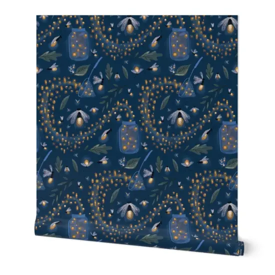 Peel & Stick Wallpaper 2FT Wide Fireflies Picnic Boys Room Jar Whimsical Watercolor Insects Custom Removable Wallpaper by Spoonflower {7}