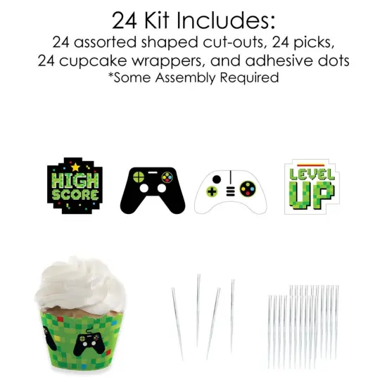Big Dot of Happiness Game Zone - Cupcake Decoration - Pixel Video Game Party or Birthday Party Cupcake Wrappers and Treat Picks Kit - Set of 24 {6}