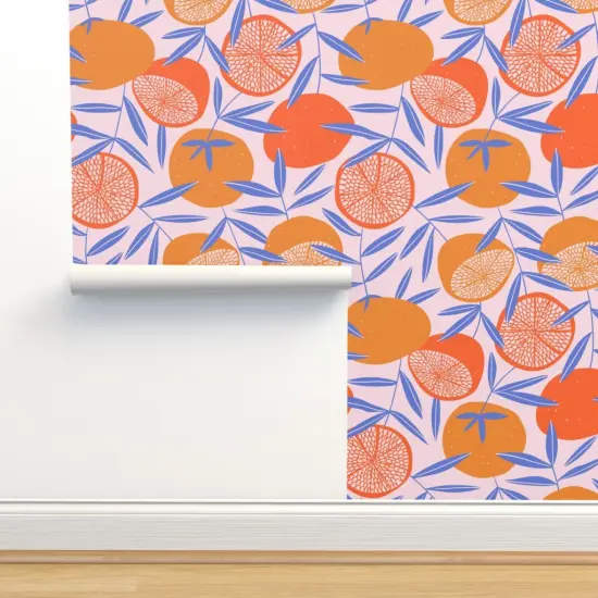 Pre-Pasted Wallpaper 2FT Wide Bright Citrus Orange Tropical Vector Art Hand-Drawn Tangerine Custom Pre-pasted Wallpaper by Spoonflower {2}