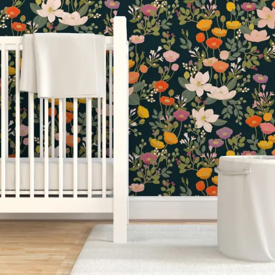 Pre-Pasted Wallpaper 2FT Wide Maximalist Floral Colourful Poppies Romantic Garden Poppy Botanical Chinoiserie Custom Pre-pasted Wallpaper by Spoonflower {7}