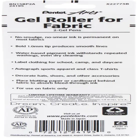 Pentel Arts Gel Roller Fabric Pens 1mm 2/Pkg-Black {2}