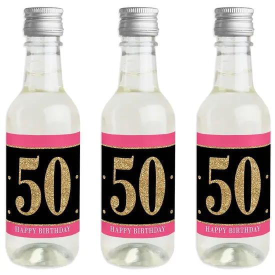 Big Dot of Happiness Chic 50th Birthday - Pink, Black and Gold - Mini Wine and Champagne Bottle Label Stickers - Birthday Party Favor Gift - Set of 16 {1}