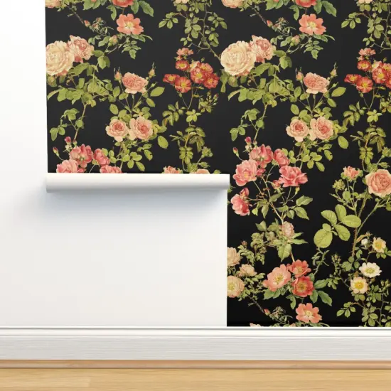 Pre-Pasted Wallpaper 2FT Wide Moody Floral Rose Flower Vintage Victorian Black English Dark Custom Pre-pasted Wallpaper by Spoonflower {2}