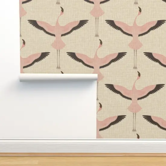 Peel & Stick Wallpaper 2FT Wide Flamingos Natural Bird Retro Birds Japanese Art Deco Flamingo Custom Removable Wallpaper by Spoonflower {2}