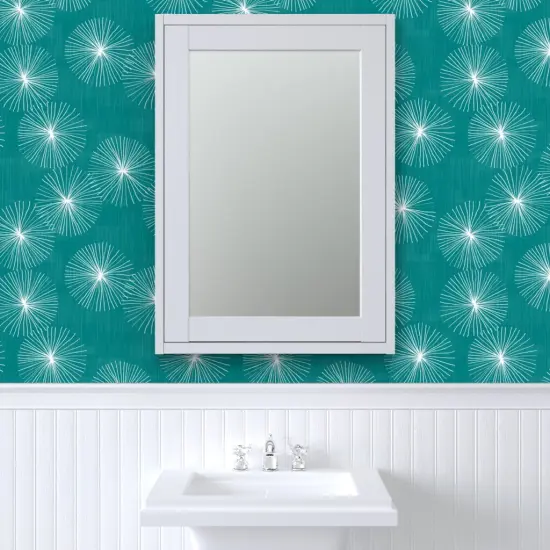 Pre-Pasted Wallpaper 2FT Wide Mid Century Mod Circle Snowflake Minimalist Geo Dandelion White Blue Mod Christmas Custom Pre-pasted Wallpaper by Spoonflower {6}