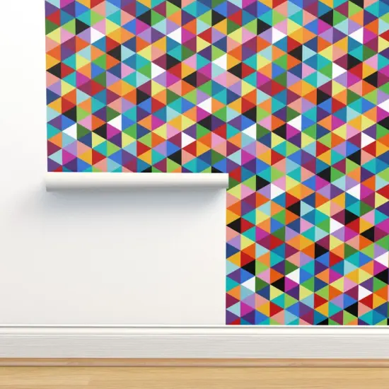 Peel & Stick Wallpaper 2FT Wide Colorful Geometric Triangle Cheater Quilt Pattern Happy Multi Color Modern Triangles Pop Art Colors Abstract Kid Room Shapes Custom Removable Wallpaper by Spoonflower {2}