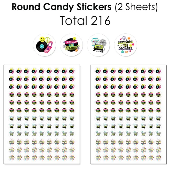 Big Dot of Happiness Through the Decades Mini Candy Bar Wrappers, Round Candy Stickers and Circle Stickers - Party Candy Favor Sticker Kit 304 Pieces {6}