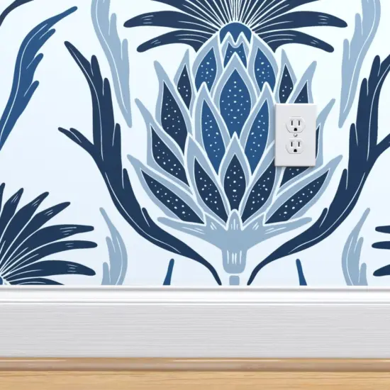 Peel & Stick Wallpaper 2FT Wide Thistle Damask Blue Plant Art Nouveau Hand Drawn Floral Navy Sky Custom Removable Wallpaper by Spoonflower {4}