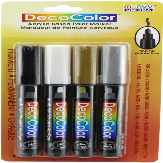 Uchida DecoColor Fine Tip Acrylic Paint Markers 4/Pkg-Black, White, Gold And Silver {1}