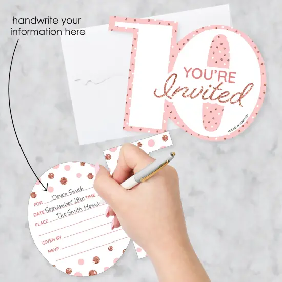 Big Dot of Happiness 10th Pink Rose Gold Birthday - Shaped Fill-In Invitations - Happy Birthday Party Invitation Cards with Envelopes - Set of 12 {3}