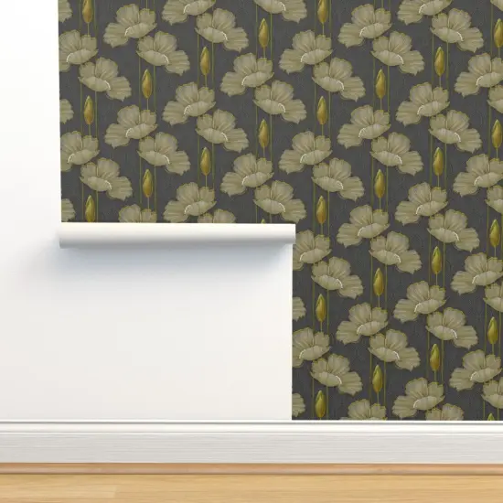 Peel & Stick Wallpaper 2FT Wide Art Decor Poppy Vintage 1920S Poppies Yellow Grey Antique Floral Botanical Custom Removable Wallpaper by Spoonflower {2}