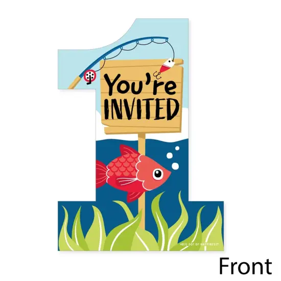 Big Dot of Happiness 1st Birthday Reeling in the Big One - Shaped Fill-In Invites - First Birthday Party Invitation Cards with Envelopes - Set of 12 {4}