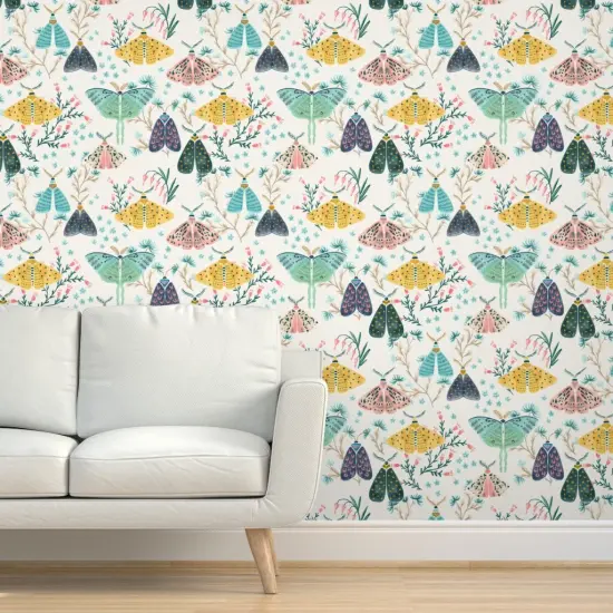 Pre-Pasted Wallpaper 2FT Wide Hand Painted Moths Gouache Butterflies Blush Pink Blue Navy Yellow Insect Wings Garden Flowers Pastel Custom Pre-pasted Wallpaper by Spoonflower {5}