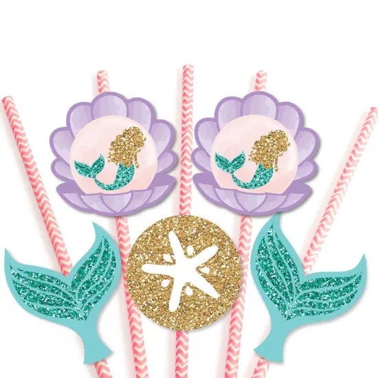 Big Dot of Happiness Let's Be Mermaids Paper Straw Decor - Baby Shower or Birthday Party Striped Decorative Straws - Set of 24 {7}