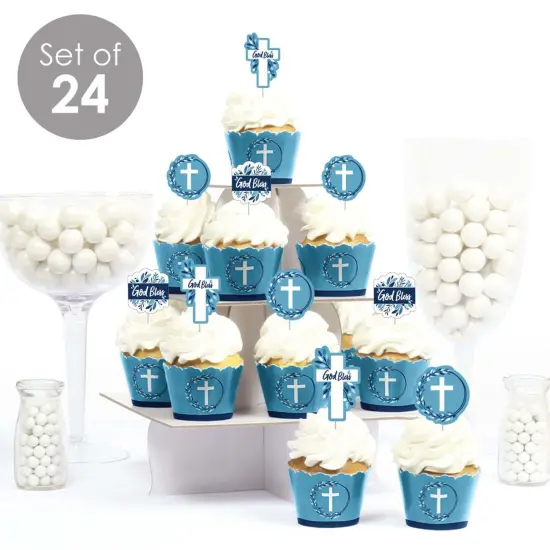Big Dot of Happiness Blue Elegant Cross - Cupcake Decoration - Boy Religious Party Cupcake Wrappers and Treat Picks Kit - Set of 24 {3}