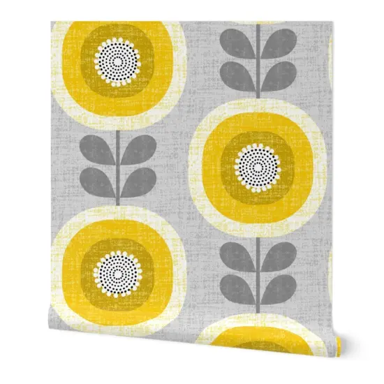 Peel & Stick Wallpaper 2FT Wide Mid Century Floral Scandi Style Faux Woven Texture Gray Yellow Sunflowers Custom Removable Wallpaper by Spoonflower {7}