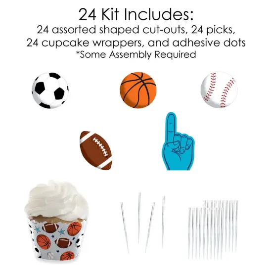 Big Dot of Happiness Go, Fight, Win - Sports - Cupcake Decoration - Baby Shower or Birthday Party Cupcake Wrappers and Treat Picks Kit - Set of 24 {6}