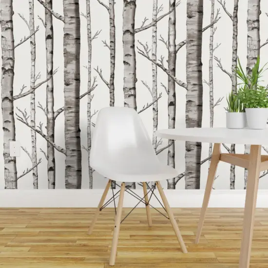 Peel & Stick Wallpaper 2FT Wide Grey Woodland Forest Aspen Birch Winter Cabincore Custom Removable Wallpaper by Spoonflower {1}