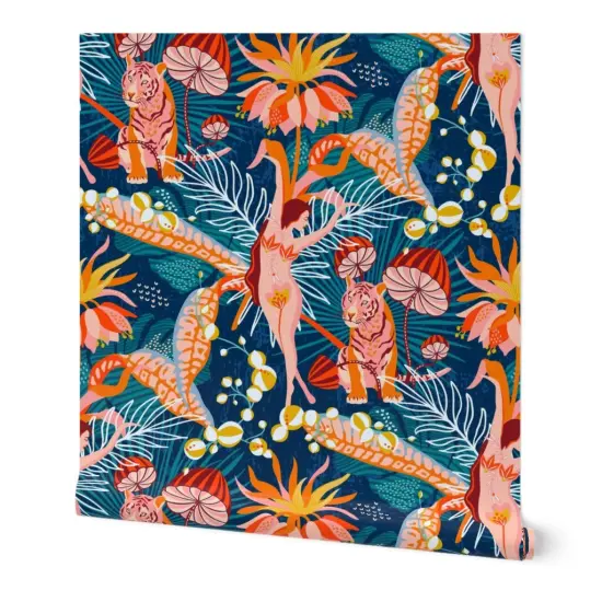 Peel & Stick Wallpaper 2FT Wide Maximalist Tropical Surrealism Jungle Flowers Woman Dancer Coral Tiger Custom Removable Wallpaper by Spoonflower {7}