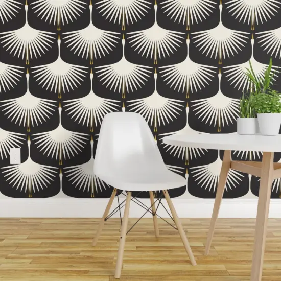 Pre-Pasted Wallpaper 2FT Wide Black And Ivory Mid Century Mod Geometric Swans Art Deco Elegant Feathers Custom Pre-pasted Wallpaper by Spoonflower {1}