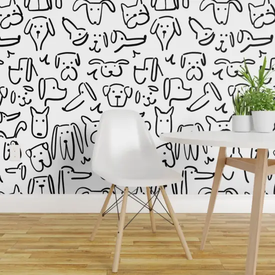 Peel & Stick Wallpaper 2FT Wide Doodle Dogs Black And White Cute Modern Whimsical Dog Custom Removable Wallpaper by Spoonflower {1}