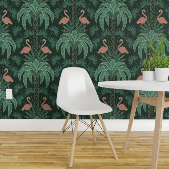 Pre-Pasted Wallpaper 2FT Wide Tropical Art Deco Flamingo Tropical Moody Flora Miami Plants Damask 1920S Elegant Maximalism Custom Pre-pasted Wallpaper by Spoonflower {1}