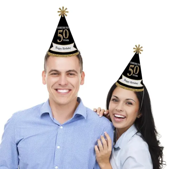Big Dot of Happiness Adult 50th Birthday - Gold - Cone Birthday Party Hats for Adults - Set of 8 (Standard Size) {3}