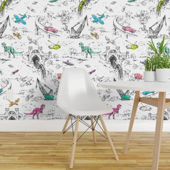 Peel & Stick Wallpaper 2FT Wide Adventure Toile Pop Dinosaurs Cars Planes Bears Trains Space Fantasy Kids Custom Removable Wallpaper by Spoonflower {1}
