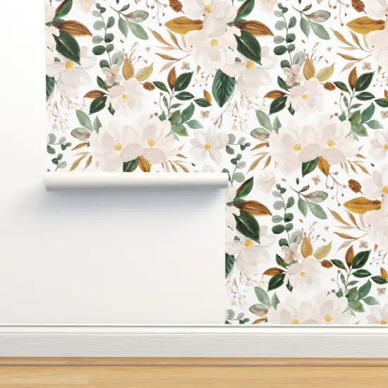Pre-Pasted Wallpaper 2FT Wide Romantic Magnolia Oversized Flowers Watercolor Modern Feminine Cream Green Bronze Custom Pre-pasted Wallpaper by Spoonflower {2}