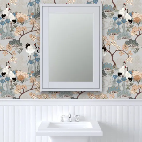 Pre-Pasted Wallpaper 2FT Wide Large Scale Japanese Garden Grey Asian Floral Birds Animals Custom Pre-pasted Wallpaper by Spoonflower {6}