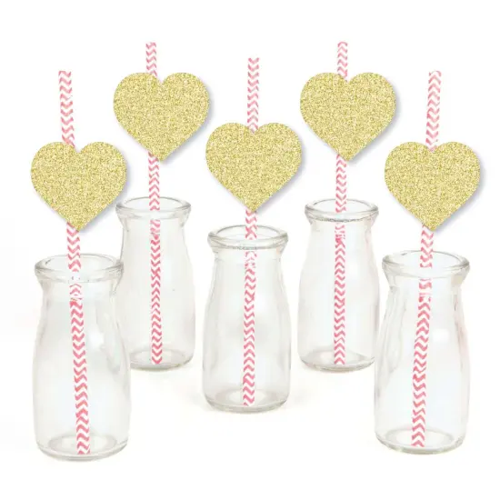 Big Dot of Happiness Gold Glitter Hearts Party Straws - No-Mess Real Gold Glitter Cut-Outs & Decorative Valentine's Day Party Paper Straws - Set of 24 {3}