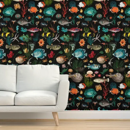 Pre-Pasted Wallpaper 2FT Wide Black Nautical Sea Life Vintage Style Ocean Fish Coastal Tropical Custom Pre-pasted Wallpaper by Spoonflower {5}