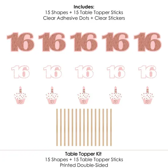 Big Dot of Happiness 16th Pink Rose Gold Birthday - Happy Birthday Party Centerpiece Sticks - Table Toppers - Set of 15 {7}