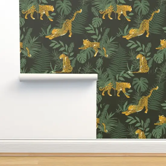 Peel & Stick Wallpaper 2FT Wide Modern Jungle Leopard Print Tropical Safari Banana Leaves Palm Fronds Custom Removable Wallpaper by Spoonflower {2}
